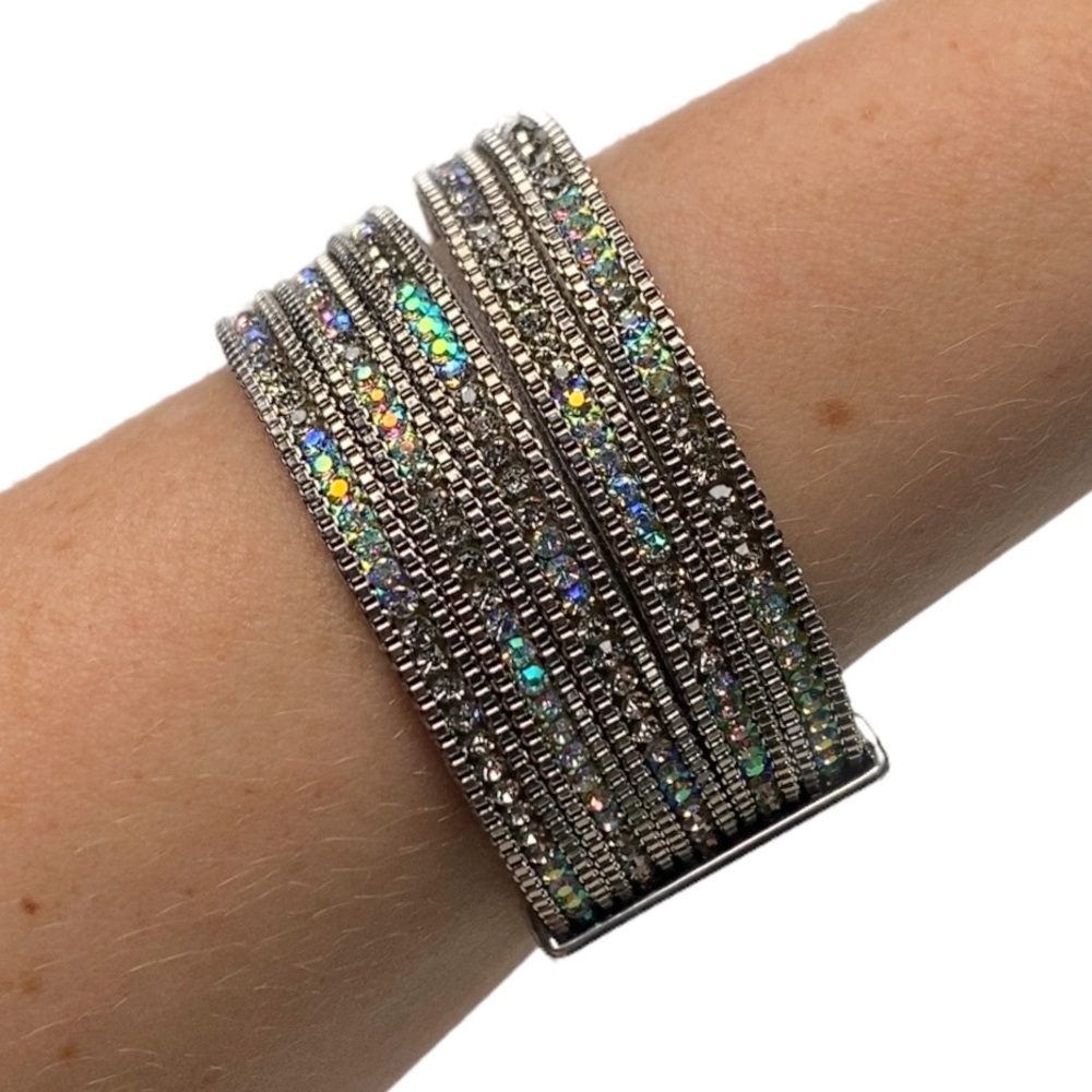Silver Vegan Leather Crystal Cuff Bracelet Rhinestone Jewelry Western Accessory